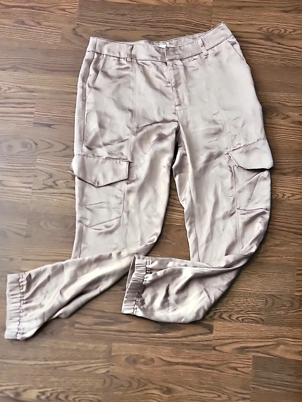 Satin Cargo Jogger Pants in Beige Size 10